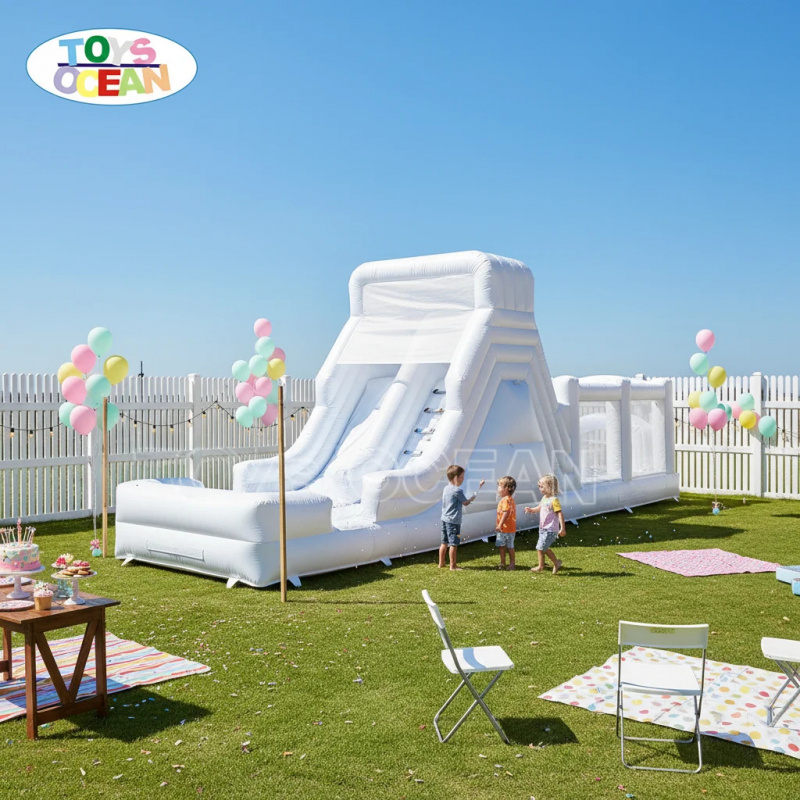 Water Slide Inflatable - 흰색 풍선형 워터 슬라이드, 롱 슬립앤슬라이드,